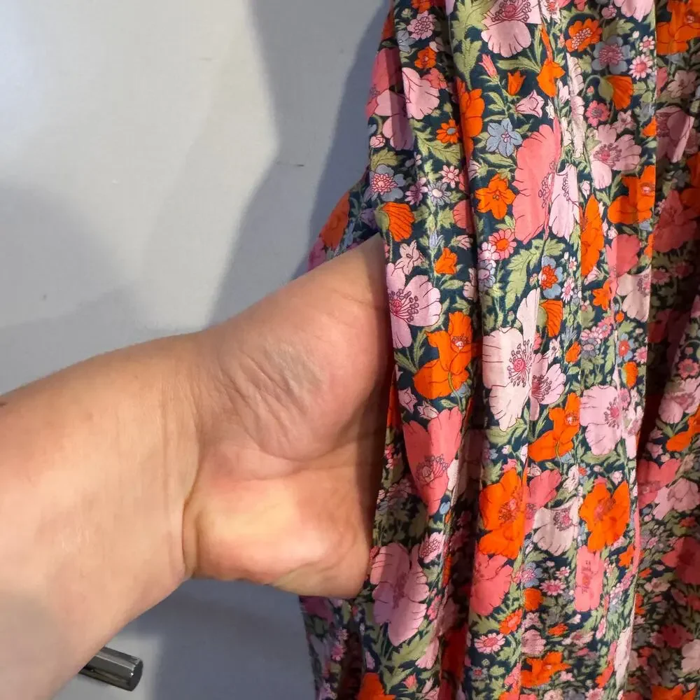 New J. Crew Side-Cutout Floral Dress Orange Tiered Back Zip Puff Sleeve Sz 8